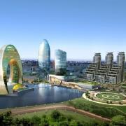 Die neue Skyline nahe dem Hafen von Baku. In der Bildmitte der Crescent Place, mit abgeschrägtem Wohnturm, links davon der Büroturm Crescent City. Bald soll auch mit dem Bau des Crescent-Hotels in der Bucht begonnen werden. Foto: www.aecom.com