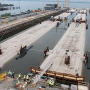 The tunnel sections await departure on their "voyage" down the Elizabeth River. Photo: Elizabeth River Tunnels Projects