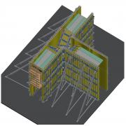 3D-Modelle der Schalung für die dreiarmige Rampenstütze – die sondergefertigten Formholzkästen sind grün hinterlegt.