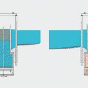The first step is to excavate the floor using compressed air and ballasting; then the compressed air caisson is lowered (left). Subsequently the reinforcement can be installed and the working chamber filled with concrete (right).
<br />

<br />
Photo: Kattwyk_4.jpg
<br />
Copyright: Doka
<br />
