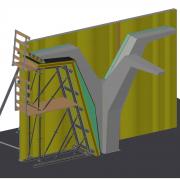 3D-Modelle der Schalung für die dreiarmige Rampenstütze – die sondergefertigten Formholzkästen sind grün hinterlegt.