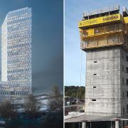 Rendering des fertig gestellten Gebäudes und Bild der Baustelle des Bürogebäudes Citygate in Schweden.